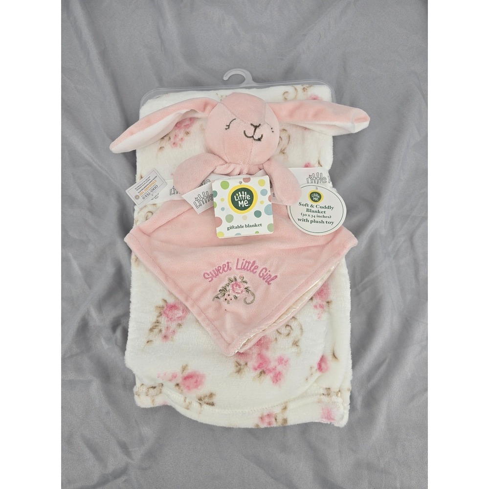 Little Me Baby Girl Pink Floral Blanket and Bunny Plush Toy Security Lovey Set